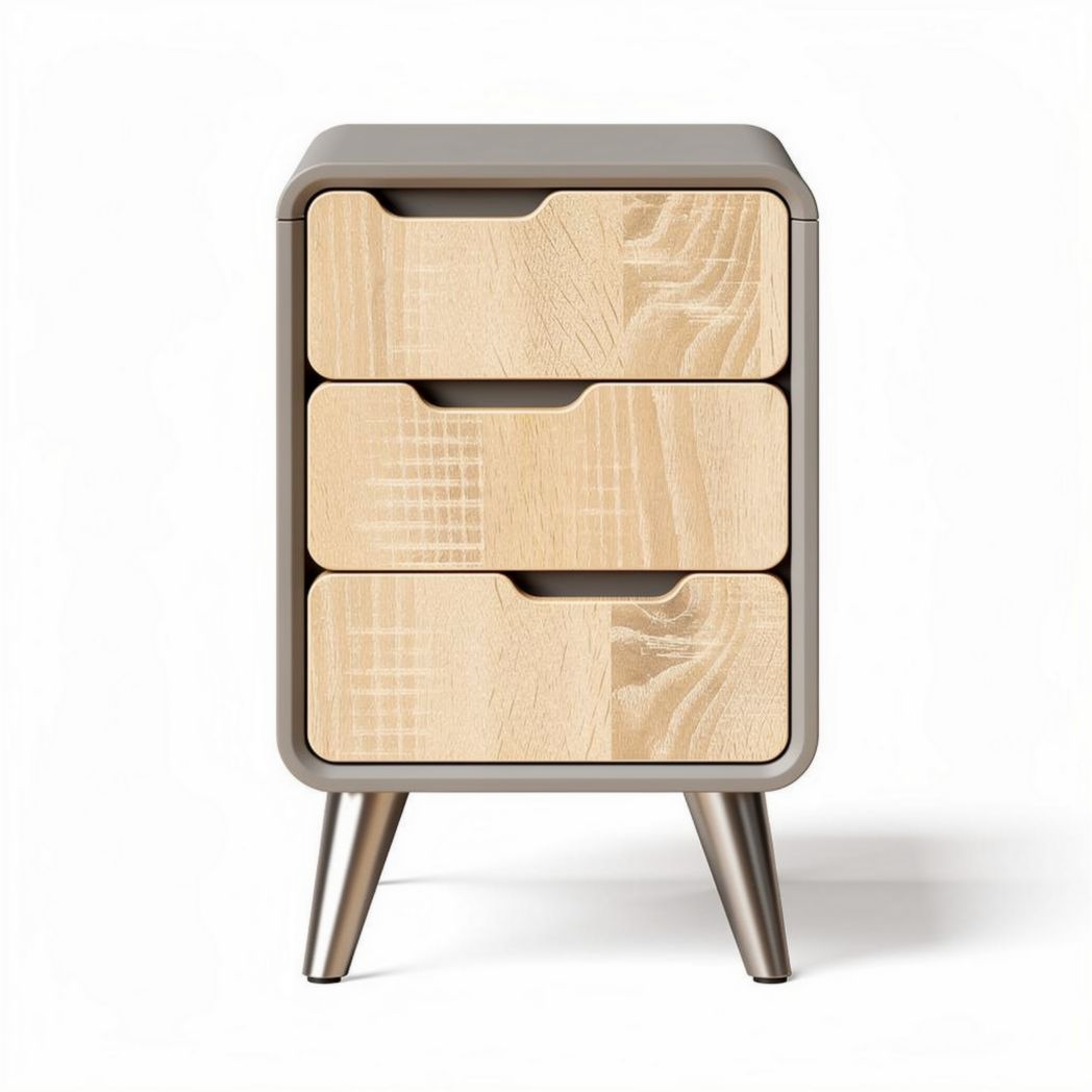 Table de chevet en bois clair avec trois tiroirs en MDF gris 55 x 40 x 70cm