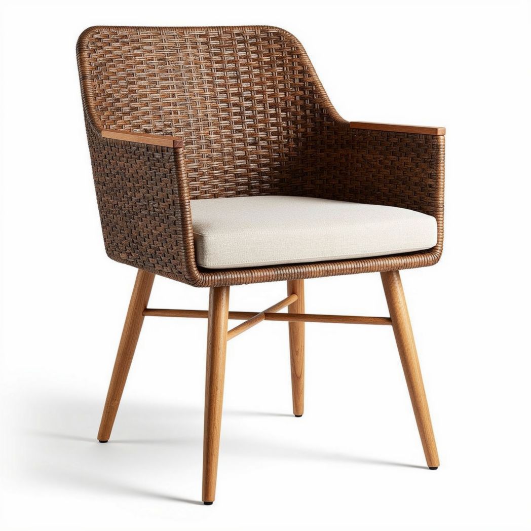 Chaise en rotin tressé avec coussin beige et pieds en bois 60 x 60 x 85cm