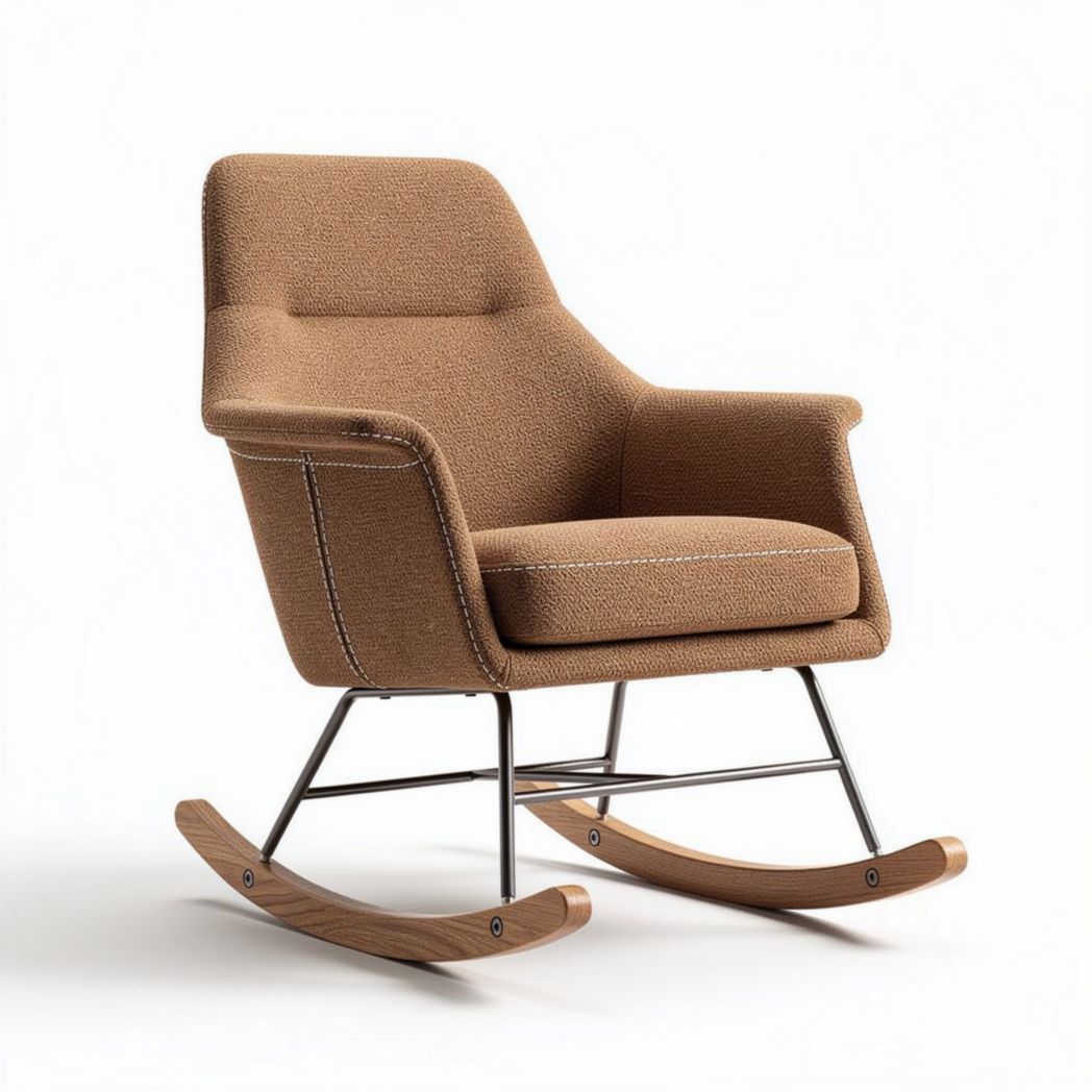 Fauteuil à bascule en tissu marron avec structure en métal et bois dimensions 75 x 70 x 90 cm