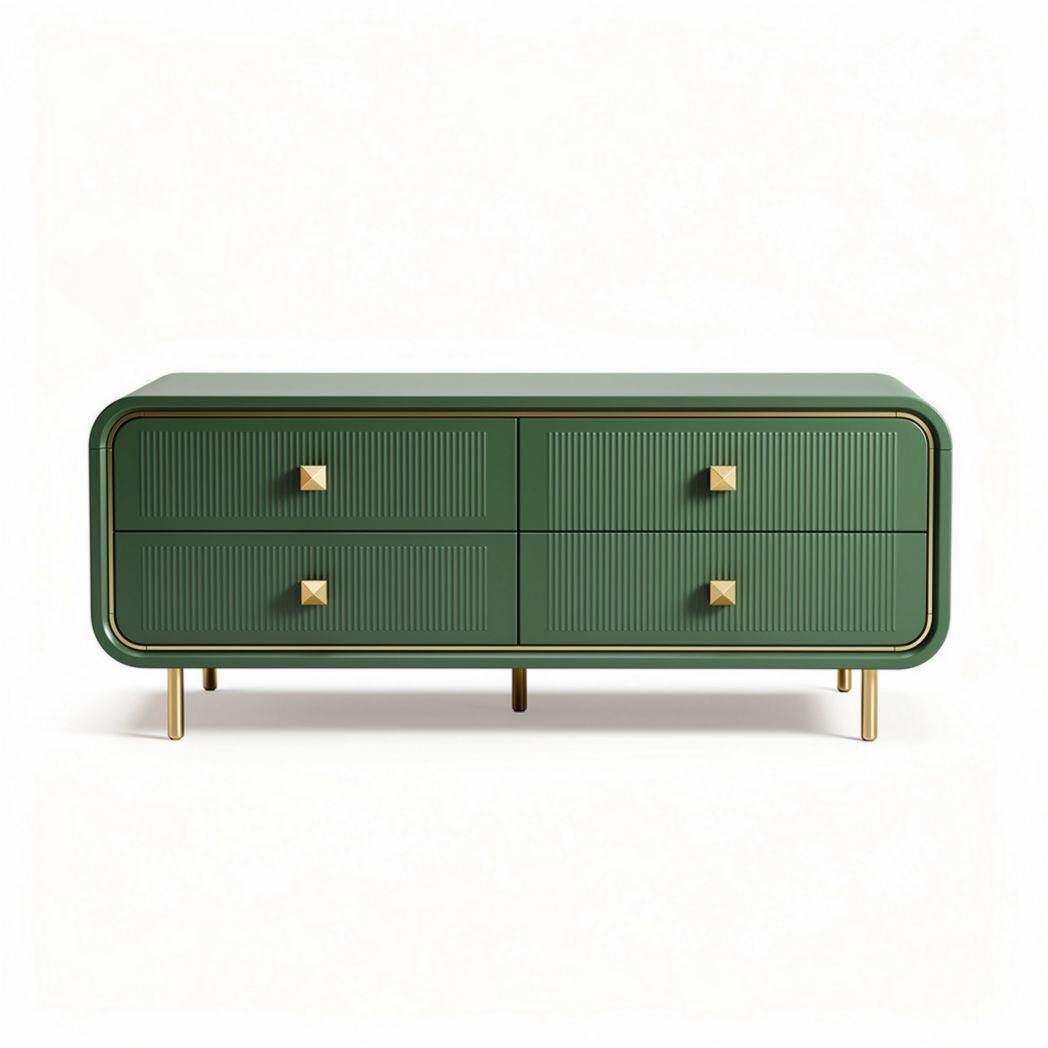 Meuble de télévision en bois vert avec 4 tiroirs et pieds dorés 120 x 50 x 40cm