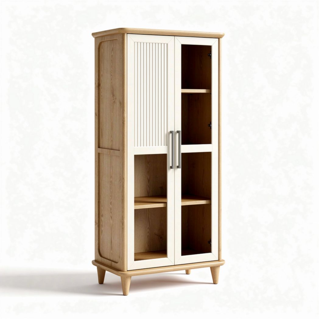 Armoire en bois clair avec portes vitrées et étagères intérieures 80 x 40 x 180cm