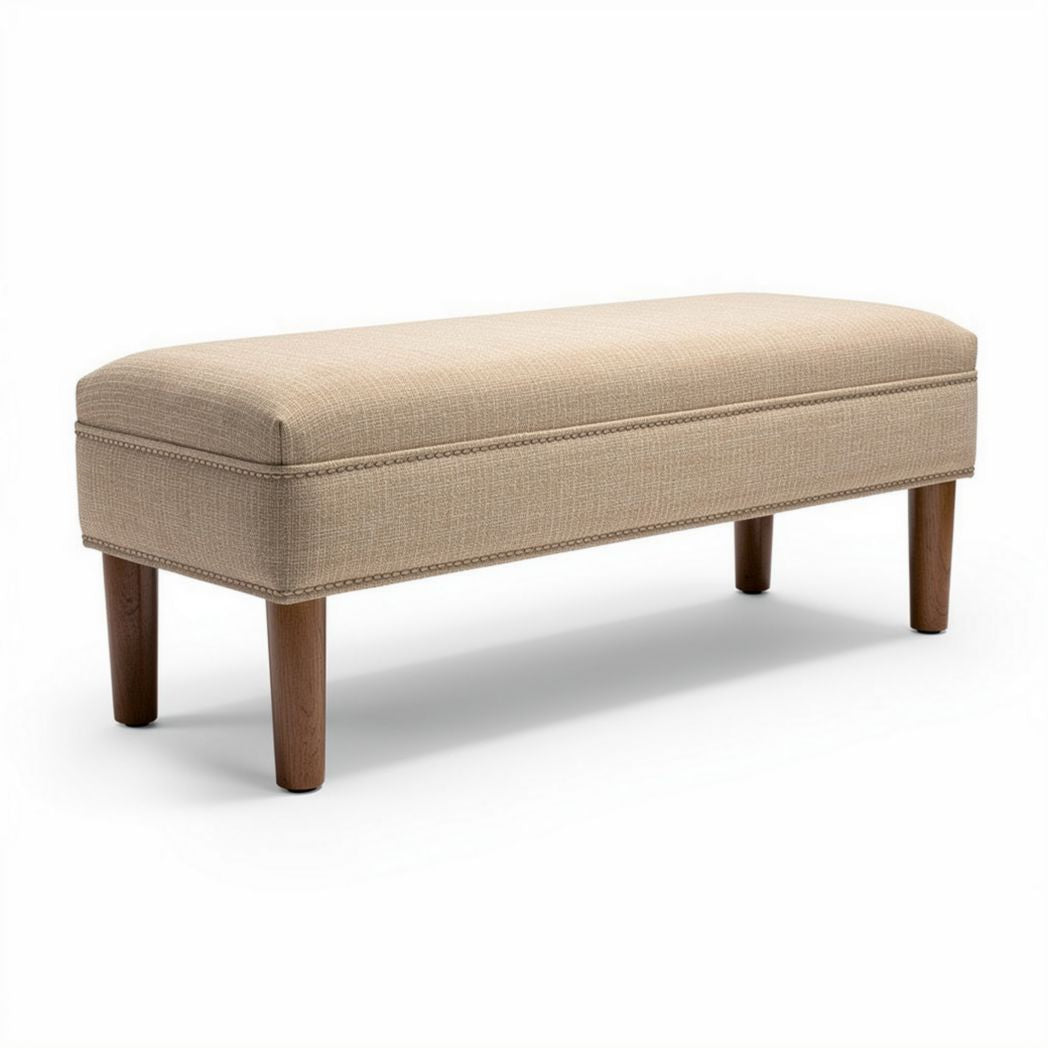 Banc rembourré beige en tissu de 120 x 40 x 45 cm avec pieds en bois